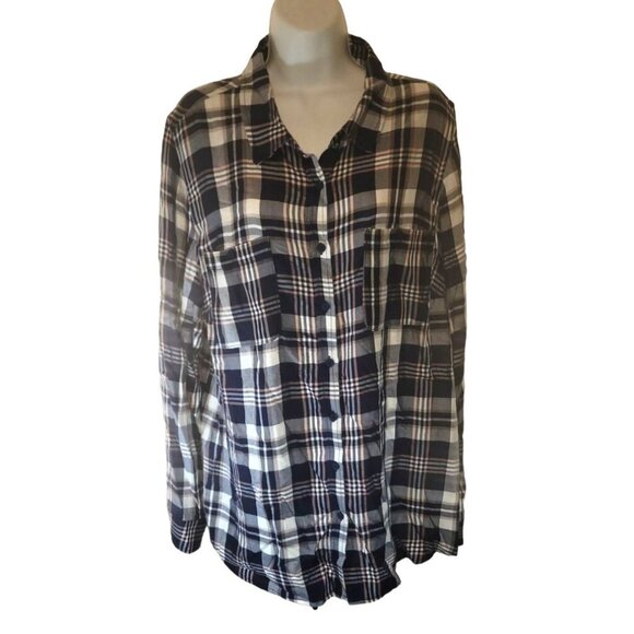 Como Vintage Navy Blue White Plaid Button Front Shirt Top Size 2X - Picture 1 of 3